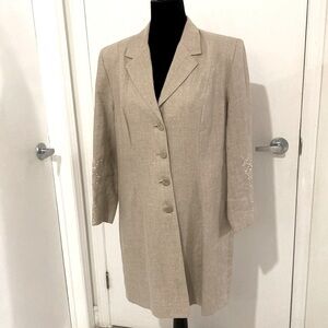 VALIA, Made in Canada long Tan Linen Frock  Coat/Jacket. Blazer style. Size 10